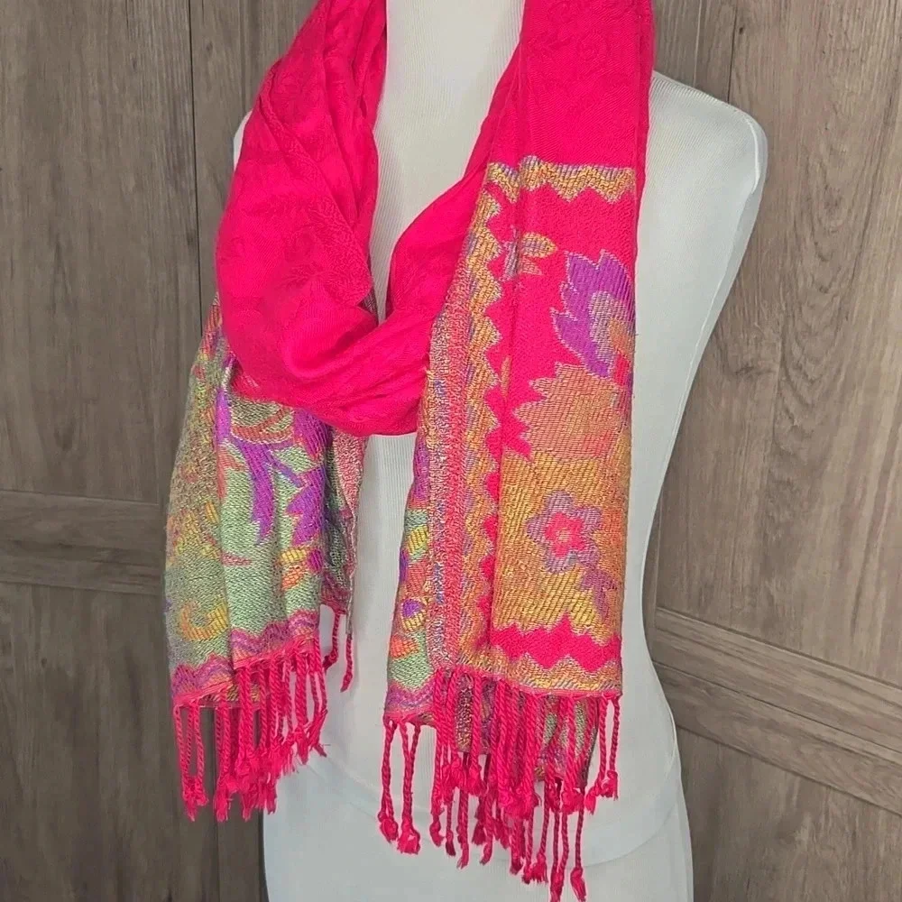 Pink Multicolor Fringe Scarf Boho Lightweight Oversized Wrap